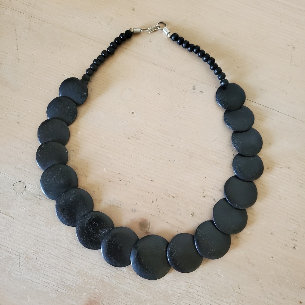 Eye catching All black Lava Rock Disc Round Beaded Collar Necklace & Gift
